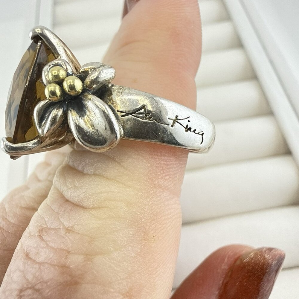 Ann King Ring Sterling Silver 18k Yellow Gold Floral Flower Smoky Quartz Size 8 - Picture 9 of 11